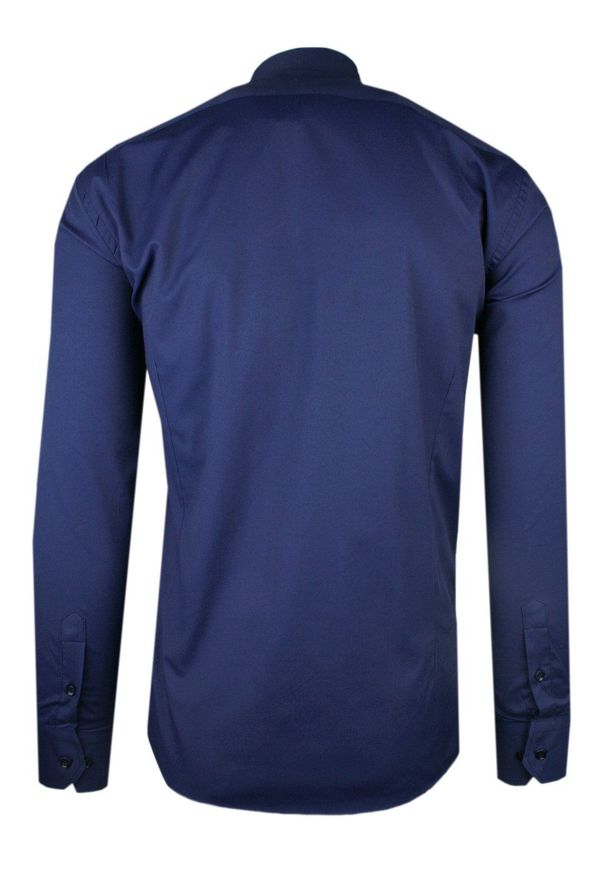 Męska, Taliowana (Slim Fit) Koszula Wizytowa - Rigon - Granatowa. Okazja: do pracy, na spotkanie biznesowe. Kolor: niebieski. Materiał: bawełna, elastan. Długość rękawa: długi rękaw. Długość: długie. Styl: wizytowy