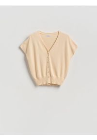 Reserved - Kardigan z lyocellem - kremowy. Kolor: kremowy. Materiał: dzianina