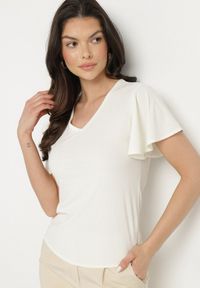 Born2be - Beżowa Bluzka z Szerokimi Rękawami Sunevia. Okazja: na co dzień. Typ kołnierza: dekolt w kształcie V. Kolor: beżowy. Materiał: jeans. Styl: elegancki, casual #7