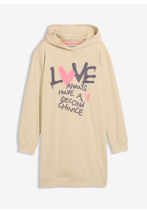 bonprix - Sukienka dresowa z kapturem z czystej bawełny organicznej. Typ kołnierza: kaptur. Kolor: beżowy. Materiał: bawełna, dresówka. Wzór: nadruk