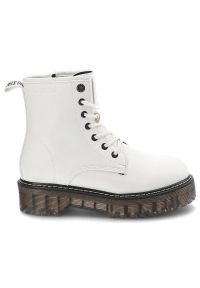 Big-Star - Białe Glany Big Star Damskie Modne Buty Jesienne. Okazja: na co dzień. Kolor: biały. Materiał: skóra ekologiczna, materiał. Szerokość cholewki: normalna. Sezon: jesień. Obcas: na obcasie. Styl: casual. Wysokość obcasa: niski #3