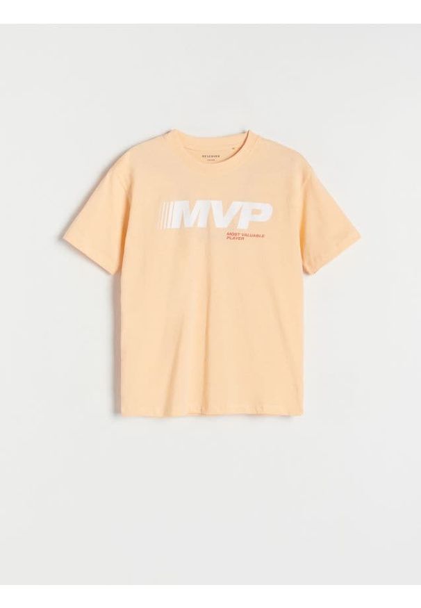Reserved - Bawełniany t-shirt z nadrukiem - jasnopomarańczowy. Kolor: pomarańczowy. Materiał: bawełna. Wzór: nadruk