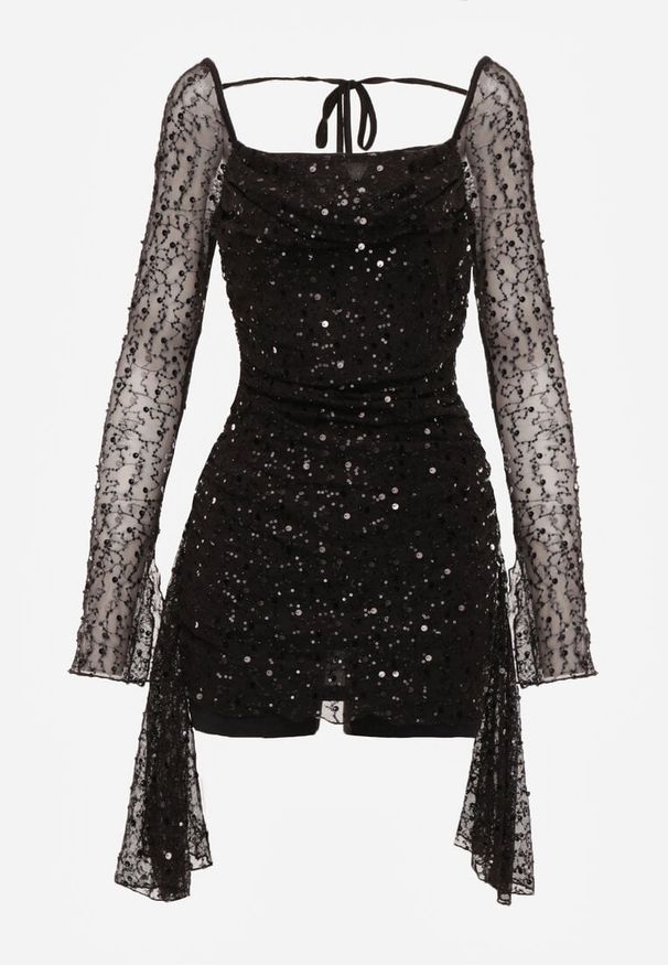 Renee - Czarna Dopasowana Sukienka VICES Zdobiona Cekinami i Wiązaniem Alethrolphi. Okazja: na imprezę. Kolor: czarny. Wzór: aplikacja. Styl: klasyczny, elegancki