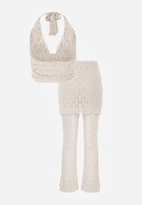 Renee - Beżowy Komplet z Koronki Top Halter i Spodnie Zdobione Wszytą Spódnicą Celanix. Kolor: beżowy. Materiał: koronka. Wzór: aplikacja, koronka #6