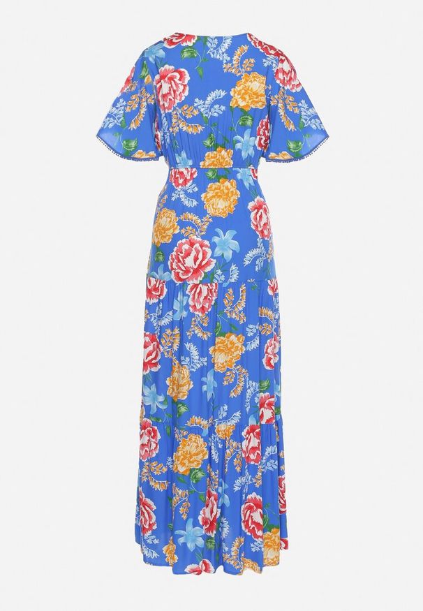 Born2be - Niebieska Sukienka Maxi z Gumką w Talii z Szerokimi Rękawami i Kwiatowym Printem Nodriala. Okazja: na imprezę. Kolor: niebieski. Wzór: kwiaty, nadruk. Sezon: lato. Długość: maxi