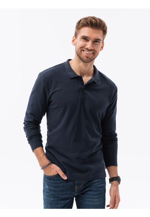 Ombre Clothing - Longsleeve męski bez nadruku L132 - granatowy - XXL. Typ kołnierza: polo. Kolor: niebieski. Materiał: bawełna, jeans, materiał. Długość rękawa: długi rękaw. Wzór: ze splotem