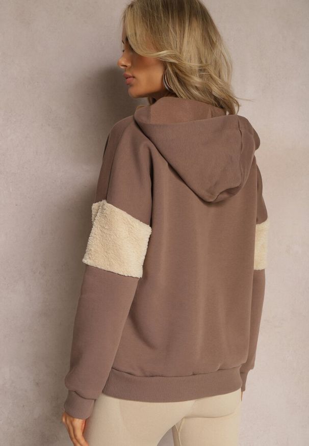 Renee - Brązowa Bawełniana Bluza z Kapturem ze Ściągaczami i Polarem Eurynia. Typ kołnierza: kaptur. Kolor: brązowy. Materiał: polar, bawełna. Wzór: aplikacja
