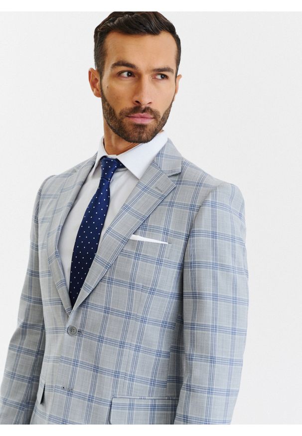 Pako Lorente - PAKO LORENTE – Szara marynarka garniturowa w niebiesko-białą kratę. Kolor: szary, biały, niebieski, wielokolorowy. Materiał: wiskoza. Sezon: wiosna, lato