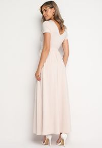 Born2be - Jasnobeżowa Rozkloszowana Sukienka Maxi z Głębokim Dekoltem z Rozcięciem Wyla. Kolor: beżowy. Długość rękawa: krótki rękaw. Sezon: wiosna, lato. Długość: maxi #5