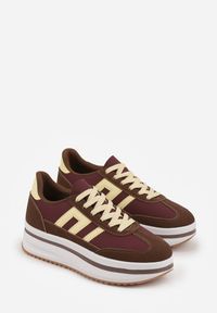 Renee - Brązowe Sneakersy na Platformie z Geometrycznym Motywem Hippiopis. Okazja: na co dzień. Kolor: brązowy. Materiał: jeans. Wzór: geometria. Obcas: na platformie #5