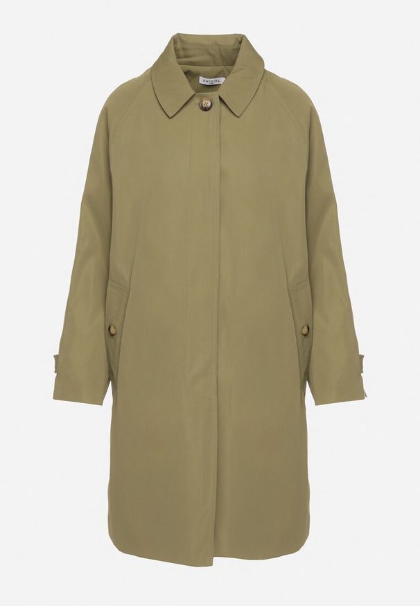 Born2be - Zielony Płaszcz Jednorzędowy z Kołnierzykiem Ronisse. Okazja: na co dzień. Kolor: zielony. Materiał: jeans. Styl: klasyczny, casual, elegancki