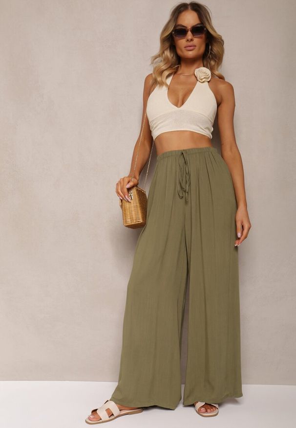 Renee - Ciemnozielone Szerokie Spodnie High Waist z Gumką w Talii Ilnena. Okazja: na co dzień. Stan: podwyższony. Kolor: zielony. Styl: klasyczny, elegancki, casual