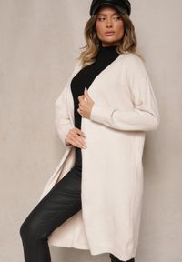 Renee - Jasnobeżowy Niezapinany Casualowy Kardigan z Wełną o Długim Kroju Zozita. Okazja: na co dzień. Kolor: beżowy. Materiał: wełna. Długość: długie. Styl: casual #5