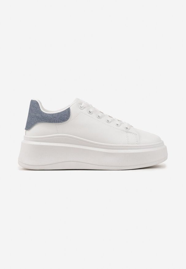 Born2be - Biało-Niebieskie Gładkie Sneakersy z Ekoskóry na Grubej Podeszwie ze Sznurowaniem Avara. Kolor: biały. Wzór: gładki. Obcas: na platformie