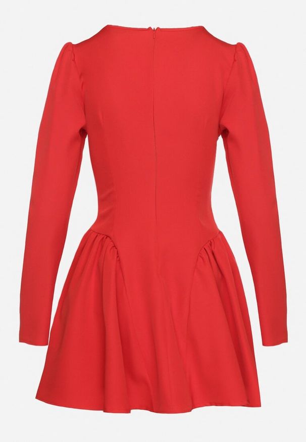 Born2be - Czerwona Koktajlowa Sukienka o Rozkloszowanym Kroju z Falbankami i Gorsetem Farian. Typ kołnierza: dekolt gorset, kołnierz z falbankami. Kolor: czerwony. Długość rękawa: długi rękaw. Typ sukienki: gorsetowe. Styl: wizytowy