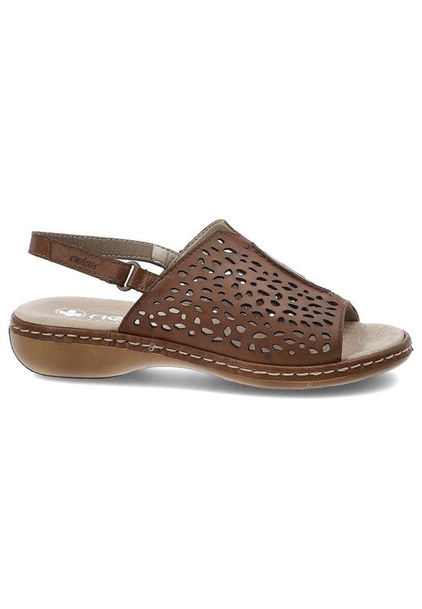 Brązowe Sandały Rieker Wygodne Obuwie Damskie. Okazja: na co dzień, na spacer. Zapięcie: pasek. Kolor: brązowy. Materiał: skóra. Wzór: ażurowy, aplikacja. Sezon: lato. Styl: casual, wakacyjny