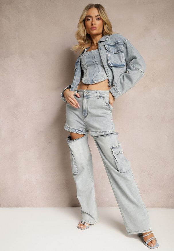 Renee - Jasnoniebieskie 2w1 Bawełniane Szorty Jeansy High Waist z Szerokimi Odpinanymi Nogawkami Sadiara. Stan: podwyższony. Kolor: niebieski. Wzór: aplikacja, jednolity. Sezon: lato. Styl: klasyczny