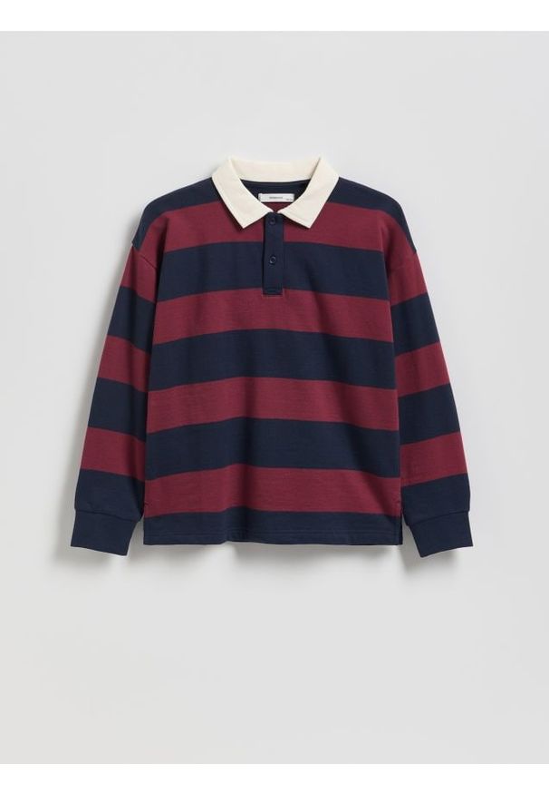 Reserved - Longsleeve polo w paski - granatowy. Typ kołnierza: polo. Kolor: niebieski. Materiał: dzianina, bawełna. Długość rękawa: długi rękaw. Wzór: paski