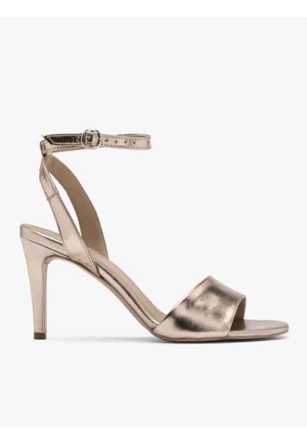 Ryłko - Złote sandały na szpilce. Kolor: złoty. Materiał: skóra. Obcas: na szpilce. Styl: street. Wysokość obcasa: średni