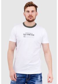 Diesel - DIESEL Biały t-shirt męski z lamówką w kolorze khaki. Kolor: biały. Materiał: prążkowany. Wzór: nadruk #1