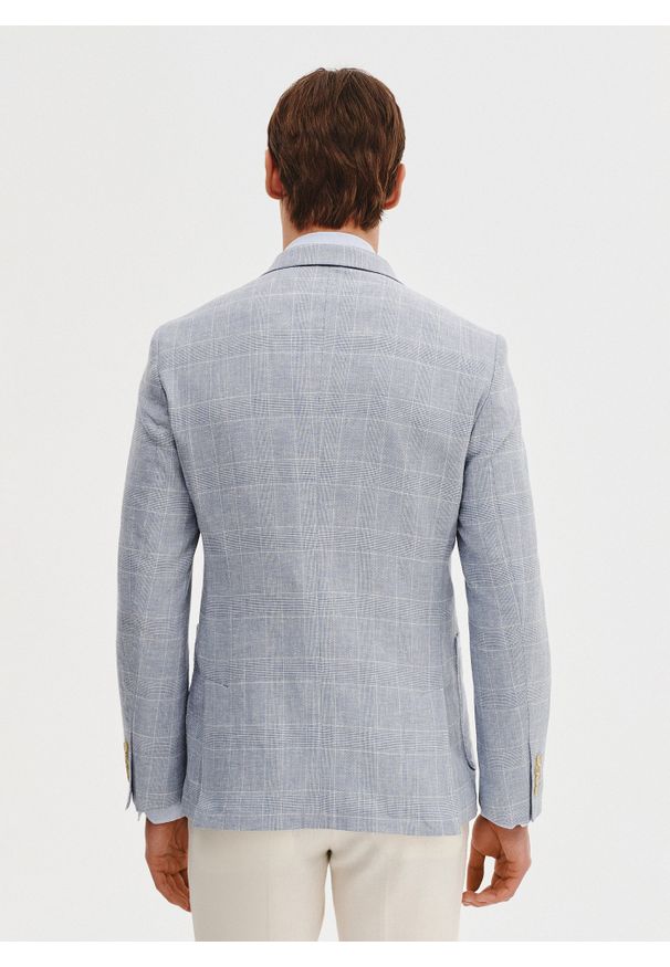 Pako Lorente - PAKO LORENTE – Niebieska marynarka z lnu w kratkę. Okazja: na co dzień. Kolor: niebieski. Materiał: len. Wzór: kratka. Sezon: wiosna. Styl: casual