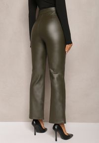 Renee - Zielone Szerokie Spodnie z Ekoskóry High Waist Dodamani. Stan: podwyższony. Kolor: zielony. Materiał: skóra #4