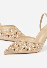 Renee - Ciemnobeżowe Szpilki Slingback Zdobione Perełkami i Cekinami Irifera. Okazja: na co dzień. Zapięcie: bez zapięcia. Kolor: beżowy. Materiał: satyna, jeans. Wzór: aplikacja. Obcas: na szpilce. Styl: casual, elegancki #6