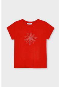 Mayoral - T-shirt dziecięcy. Okazja: na co dzień. Kolor: czerwony. Materiał: bawełna, dzianina, elastan. Długość rękawa: krótki rękaw. Długość: krótkie. Wzór: aplikacja. Styl: casual #1
