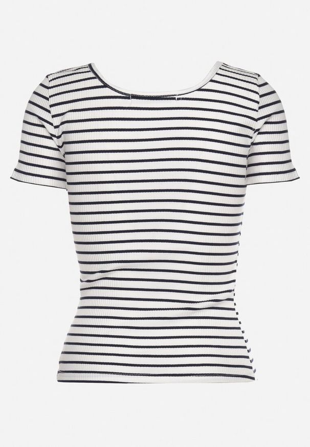 Born2be - Biało-Granatowa Koszulka T-shirt z Bawełny z Krótkim Rękawem w Paski Ernlea. Kolor: biały. Materiał: bawełna. Długość rękawa: krótki rękaw. Długość: krótkie. Wzór: paski. Styl: elegancki