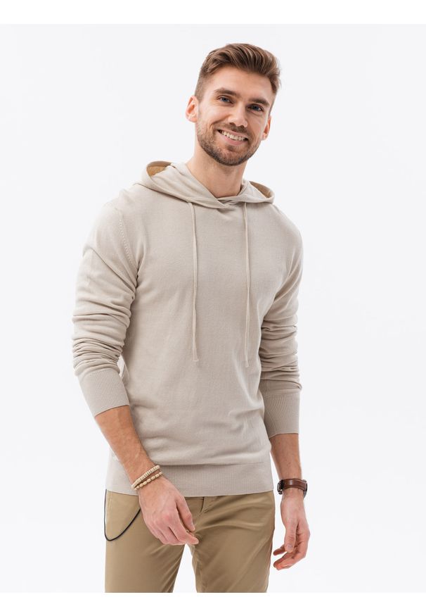 Ombre Clothing - Męska bluza dzianinowa z kapturem - beżowa V5 - Rozmiar: XXL. Typ kołnierza: kaptur. Kolor: beżowy. Materiał: dzianina