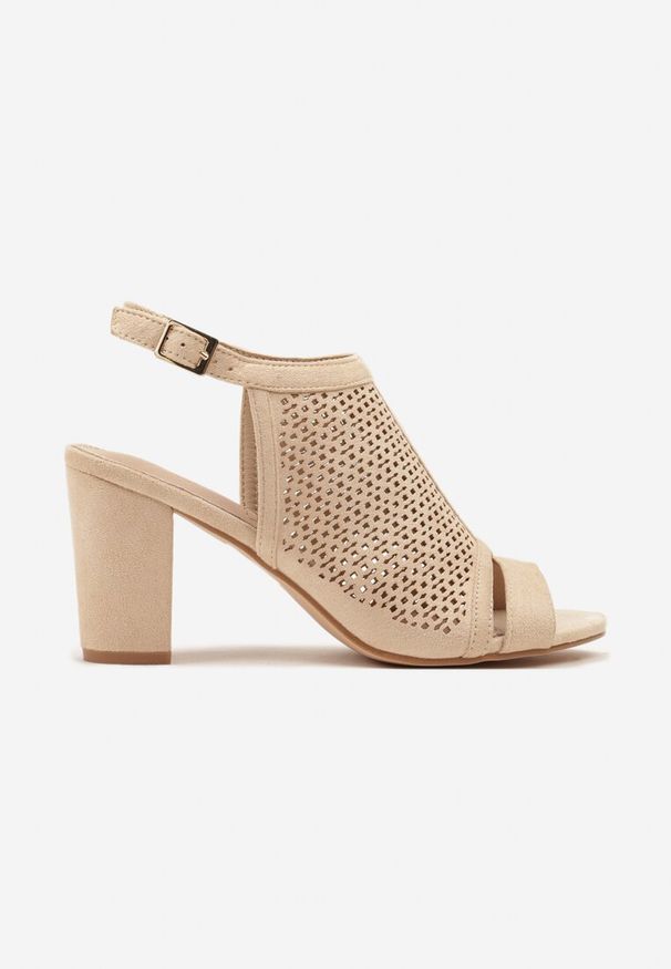 Renee - Beżowe Sandały Vices na Słupku z Ażurową Cholewką i Skórzaną Wkładką Saramiae. Okazja: na co dzień, na spotkanie biznesowe. Zapięcie: sprzączka. Kolor: beżowy. Materiał: skóra. Wzór: ażurowy. Obcas: na słupku. Styl: biznesowy, casual, elegancki