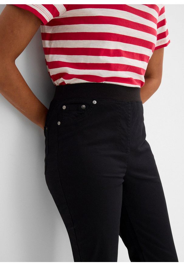bonprix - Spodnie twillowe z elastycznego materiału z bawełną. Kolor: czarny. Materiał: materiał, bawełna. Wzór: prążki