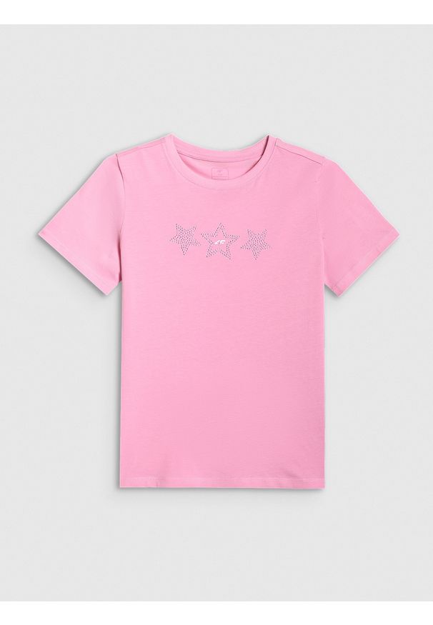 4f - 4F T-shirt regular z nadrukiem dziewczęcy - różowy 152 (11-12 lat). Okazja: na co dzień. Kolor: różowy. Materiał: bawełna, materiał, skóra. Długość rękawa: krótki rękaw. Długość: krótkie. Wzór: nadruk. Sezon: lato. Styl: casual