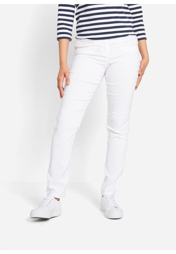 bonprix - Spodnie z bengaliny ze stretchem, straight. Stan: obniżony. Kolor: biały. Materiał: skóra, włókno, materiał, wiskoza, poliester