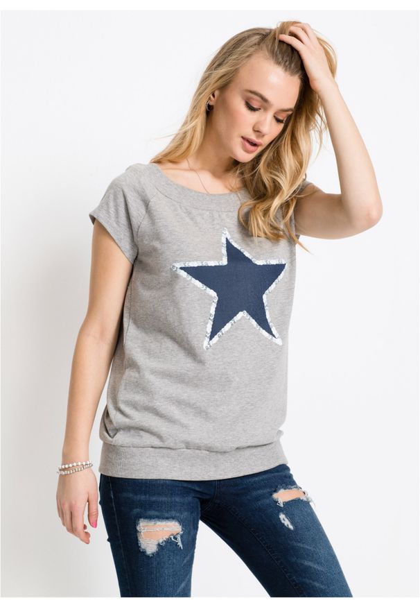 bonprix - Shirt z gwiazdą. Kolor: szary. Wzór: aplikacja