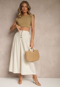 Renee - Beżowe Spodnie Culottes High Waist z Bawełny Zdobione Guzikami Izuma. Okazja: na co dzień. Stan: podwyższony. Kolor: beżowy. Materiał: bawełna. Wzór: aplikacja. Styl: elegancki, casual #5