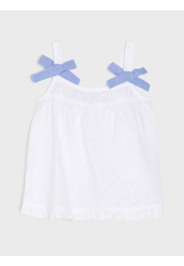 Sinsay - Bluzka ażurowa na ramiączkach z ozdobnymi kokardami - kremowy. Typ kołnierza: kokarda. Kolor: kremowy. Długość rękawa: na ramiączkach. Wzór: ażurowy