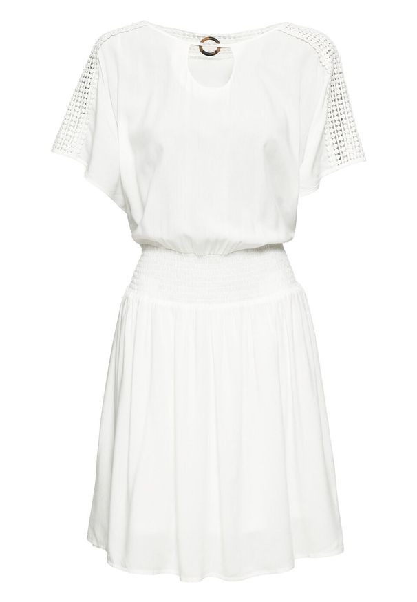 Sukienka letnia bonprix biel wełny. Kolor: biały. Materiał: wiskoza, koronka, materiał, bawełna, poliester. Sezon: lato. Długość: mini