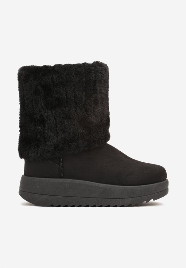 Born2be - Czarne Śniegowce na Grubej Podeszwie z Futerkiem Typu Baranek Alobine. Okazja: na co dzień. Kolor: czarny. Materiał: futro. Styl: elegancki, casual