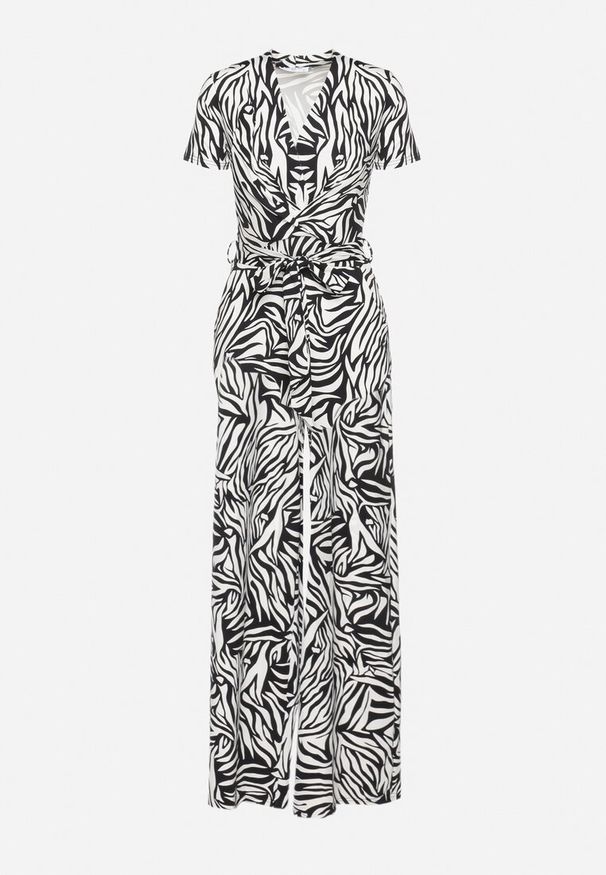 Born2be - Czarno-Biały Kombinezon o Kopertowym Kroju z Szerokimi Nogawkami Saramla. Kolor: czarny. Materiał: skóra. Styl: klasyczny, elegancki, sportowy