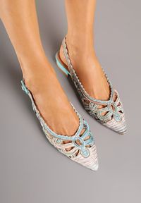 Renee - Zielone Sandały Slingback z Szydełkową Cholewką z Metalicznymi Przeszyciami Frolette. Okazja: na co dzień. Zapięcie: pasek. Kolor: zielony. Materiał: jeans. Obcas: na obcasie. Styl: casual, elegancki. Wysokość obcasa: niski #3