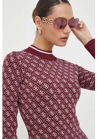 Guess sukienka kolor bordowy mini dopasowana. Kolor: czerwony. Materiał: dzianina. Długość rękawa: długi rękaw. Typ sukienki: dopasowane. Długość: mini #3