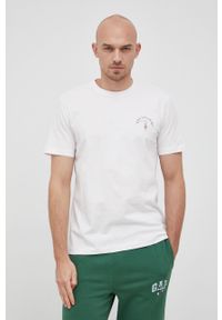 Trussardi Jeans - Trussardi T-shirt bawełniany kolor biały z nadrukiem. Okazja: na co dzień. Kolor: biały. Materiał: bawełna. Wzór: nadruk. Styl: casual