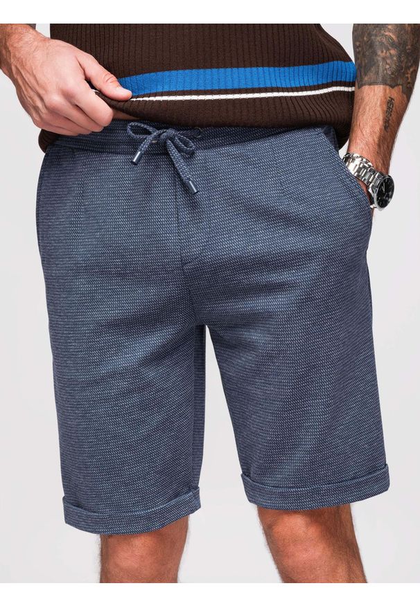 Ombre Clothing - Męskie krótkie spodenki na gumce ze strukturalnej dzianiny – granatowe V1 - Rozmiar: L. Okazja: na co dzień. Kolor: niebieski. Materiał: dzianina. Długość: krótkie. Styl: casual, klasyczny