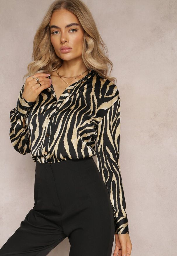 Renee - Jasnozielona Koszula z Animal Printem Deseris. Okazja: na co dzień, do pracy. Kolor: beżowy. Materiał: skóra. Wzór: nadruk. Styl: casual
