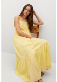 mango - Mango Sukienka COTTON kolor żółty maxi rozkloszowana. Kolor: żółty. Materiał: bawełna, materiał. Długość rękawa: na ramiączkach. Typ sukienki: rozkloszowane. Długość: maxi #11