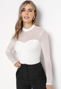 Born2be - Biała Bluzka z Siateczkową Górą i Półgolfem Lufenna. Kolor: biały. Materiał: wiskoza. Styl: elegancki #3