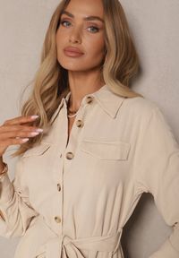 Renee - Beżowa Sukienka z Bawełny o Koszulowym Kroju Wiązana w Talii Zinrose. Kolor: beżowy. Materiał: bawełna. Typ sukienki: koszulowe #3