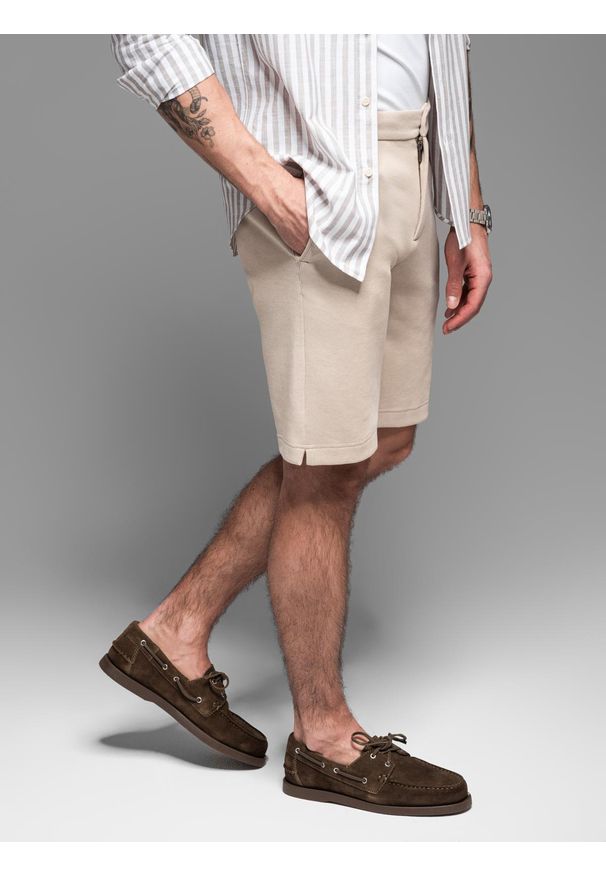 Ombre Clothing - Męskie krótkie spodenki SLIM FIT z melanżowej strukturalnej dzianiny – piaskowe V3 - Rozmiar: XXL. Materiał: dzianina. Długość: krótkie. Wzór: melanż. Styl: wakacyjny
