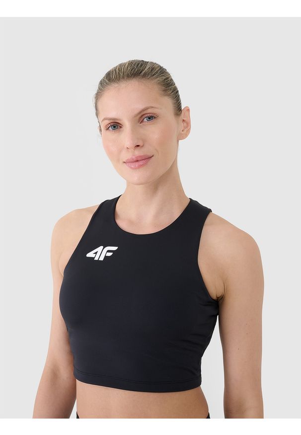 4f - 4F Biustonosz treningowy ze średnim wsparciem damski - czarny L. Kolor: czarny. Materiał: dzianina, elastan, włókno, syntetyk, materiał, guma. Rodzaj stanika: wyciągane miseczki. Wzór: gładki, jednolity, ze splotem. Sport: fitness, bieganie, kolarstwo